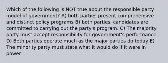 Which of the following is NOT true about the responsible party model of government? A) both parties present comprehensive and distinct policy programs B) both parties' candidates are committed to carrying out the party's program. C) The majority party must accept responsibility for government's performance. D) Both parties operate much as the major parties do today E) The minority party must state what it would do if it were in power