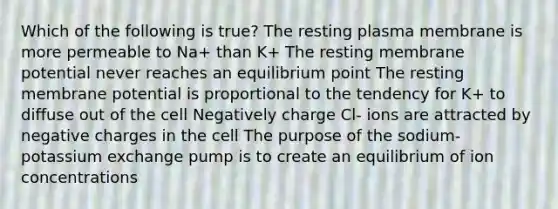 Which of the following is true? The resting plasma membrane is more permeable to Na+ than K+ The resting membrane potential never reaches an equilibrium point The resting membrane potential is proportional to the tendency for K+ to diffuse out of the cell Negatively charge Cl- ions are attracted by negative charges in the cell The purpose of the sodium-potassium exchange pump is to create an equilibrium of ion concentrations