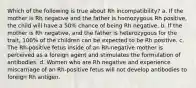 Which of the following is true about Rh incompatibility? a. If the mother is Rh negative and the father is homozygous Rh positive, the child will have a 50% chance of being Rh negative. b. If the mother is Rh negative, and the father is heterozygous for the trait, 100% of the children can be expected to be Rh positive. c. The Rh-positive fetus inside of an Rh-negative mother is perceived as a foreign agent and stimulates the formulation of antibodies. d. Women who are Rh negative and experience miscarriage of an Rh-positive fetus will not develop antibodies to foreign Rh antigen.