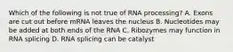 Which of the following is not true of RNA processing? A. Exons are cut out before mRNA leaves the nucleus B. Nucleotides may be added at both ends of the RNA C. Ribozymes may function in RNA splicing D. RNA splicing can be catalyst