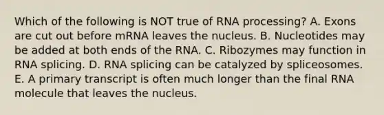 Which of the following is NOT true of RNA processing? A. Exons are cut out before mRNA leaves the nucleus. B. Nucleotides may be added at both ends of the RNA. C. Ribozymes may function in RNA splicing. D. RNA splicing can be catalyzed by spliceosomes. E. A primary transcript is often much longer than the final RNA molecule that leaves the nucleus.