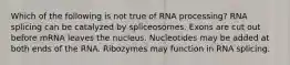 Which of the following is not true of RNA processing? RNA splicing can be catalyzed by spliceosomes. Exons are cut out before mRNA leaves the nucleus. Nucleotides may be added at both ends of the RNA. Ribozymes may function in RNA splicing.