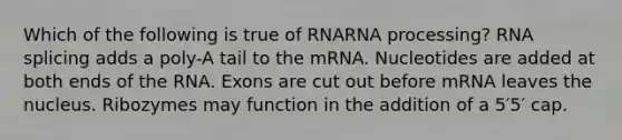 Which of the following is true of RNA<a href='https://www.questionai.com/knowledge/kapY3KpASG-rna-processing' class='anchor-knowledge'>rna processing</a>? RNA splicing adds a poly-A tail to the mRNA. Nucleotides are added at both ends of the RNA. Exons are cut out before mRNA leaves the nucleus. Ribozymes may function in the addition of a 5′5′ cap.