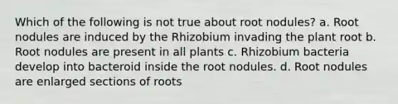 Which of the following is not true about root nodules? a. Root nodules are induced by the Rhizobium invading the plant root b. Root nodules are present in all plants c. Rhizobium bacteria develop into bacteroid inside the root nodules. d. Root nodules are enlarged sections of roots