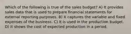 Which of the following is true of the sales budget? A) It provides sales data that is used to prepare financial statements for external reporting purposes. B) It captures the variable and fixed expenses of the business. C) It is used in the production budget. D) It shows the cost of expected production in a period.