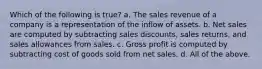 Which of the following is true? a. The sales revenue of a company is a representation of the inflow of assets. b. Net sales are computed by subtracting sales discounts, sales returns, and sales allowances from sales. c. Gross profit is computed by subtracting cost of goods sold from net sales. d. All of the above.