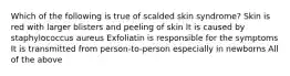 Which of the following is true of scalded skin syndrome? Skin is red with larger blisters and peeling of skin It is caused by staphylococcus aureus Exfoliatin is responsible for the symptoms It is transmitted from person-to-person especially in newborns All of the above