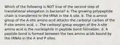 Which of the following is NOT true of the second step of translational elongation in bacteria? a. The growing polypeptide chain is transferred to the tRNA in the A site. b. The α-amino group of the A-site amino acid attacks the carbonyl carbon of the P-site amino acid. c. The carboxyl group oxygen of the A-site amino acid is the nucleophile in peptide bond formation. d. A peptide bond is formed between the two amino acids bound by the tRNAs in the A and P sites.