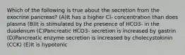 Which of the following is true about the secretion from the exocrine pancreas? (A)It has a higher Cl- concentration than does plasma (B)It is stimulated by the presence of HCO3- in the duodenum (C)Pancreatic HCO3- secretion is increased by gastrin (D)Pancreatic enzyme secretion is increased by cholecystokinin (CCK) (E)It is hypotonic