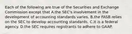 Each of the following are true of the Securities and Exchange Commission except that A.the SEC's involvement in the development of accounting standards varies. B.the FASB relies on the SEC to develop accounting standards. C.it is a federal agency. D.the SEC requires registrants to adhere to GAAP.