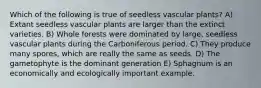 Which of the following is true of seedless vascular plants? A) Extant seedless vascular plants are larger than the extinct varieties. B) Whole forests were dominated by large, seedless vascular plants during the Carboniferous period. C) They produce many spores, which are really the same as seeds. D) The gametophyte is the dominant generation E) Sphagnum is an economically and ecologically important example.