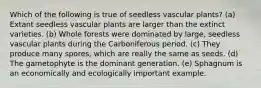 Which of the following is true of seedless vascular plants? (a) Extant seedless vascular plants are larger than the extinct varieties. (b) Whole forests were dominated by large, seedless vascular plants during the Carboniferous period. (c) They produce many spores, which are really the same as seeds. (d) The gametophyte is the dominant generation. (e) Sphagnum is an economically and ecologically important example.