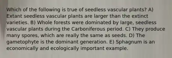 Which of the following is true of seedless vascular plants? A) Extant seedless vascular plants are larger than the extinct varieties. B) Whole forests were dominated by large, seedless vascular plants during the Carboniferous period. C) They produce many spores, which are really the same as seeds. D) The gametophyte is the dominant generation. E) Sphagnum is an economically and ecologically important example.