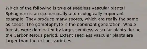 Which of the following is true of seedless vascular plants? Sphagnum is an economically and ecologically important example. They produce many spores, which are really the same as seeds. The gametophyte is the dominant generation. Whole forests were dominated by large, seedless vascular plants during the Carboniferous period. Extant seedless vascular plants are larger than the extinct varieties.