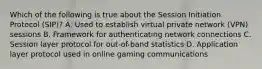 Which of the following is true about the Session Initiation Protocol (SIP)? A. Used to establish virtual private network (VPN) sessions B. Framework for authenticating network connections C. Session layer protocol for out-of-band statistics D. Application layer protocol used in online gaming communications