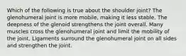 Which of the following is true about the shoulder joint? The glenohumeral joint is more mobile, making it less stable. The deepness of the glenoid strengthens the joint overall. Many muscles cross the glenohumeral joint and limit the mobility of the joint. Ligaments surround the glenohumeral joint on all sides and strengthen the joint.