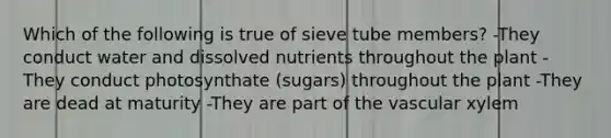 Which of the following is true of sieve tube members? -They conduct water and dissolved nutrients throughout the plant -They conduct photosynthate (sugars) throughout the plant -They are dead at maturity -They are part of the vascular xylem