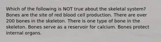 Which of the following is NOT true about the skeletal system? Bones are the site of red blood cell production. There are over 200 bones in the skeleton. There is one type of bone in the skeleton. Bones serve as a reservoir for calcium. Bones protect internal organs.