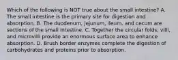 Which of the following is NOT true about the small intestine? A. The small intestine is the primary site for digestion and absorption. B. The duodenum, jejunum, ileum, and cecum are sections of the small intestine. C. Together the circular folds, villi, and microvilli provide an enormous surface area to enhance absorption. D. Brush border enzymes complete the digestion of carbohydrates and proteins prior to absorption.