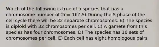 Which of the following is true of a species that has a chromosome number of 2n= 16? A) During the S phase of the cell cycle there will be 32 separate chromosomes. B) The species is diploid with 32 chromosomes per cell. C) A gamete from this species has four chromosomes. D) The species has 16 sets of chromosomes per cell. E) Each cell has eight homologous pairs