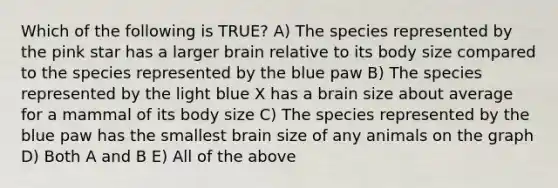 Which of the following is TRUE? A) The species represented by the pink star has a larger brain relative to its body size compared to the species represented by the blue paw B) The species represented by the light blue X has a brain size about average for a mammal of its body size C) The species represented by the blue paw has the smallest brain size of any animals on the graph D) Both A and B E) All of the above