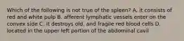 Which of the following is not true of the spleen? A. it consists of red and white pulp B. afferent lymphatic vessels enter on the convex side C. it destroys old, and fragile red blood cells D. located in the upper left portion of the abdominal cavil