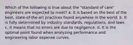 Which of the following is true about the "standard of care" engineers are expected to meet? a. It is based on the best of the best, state-of-the-art practices found anywhere in the world. b. It is fully determined by industry standards, regulations, and laws. c. It means that no errors are due to negligence. d. It is the optimal point found when analyzing performance and engineering labor expense curves.