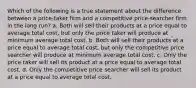 Which of the following is a true statement about the difference between a price-taker firm and a competitive price-searcher firm in the long run? a. Both will sell their products at a price equal to average total cost, but only the price taker will produce at minimum average total cost. b. Both will sell their products at a price equal to average total cost, but only the competitive price searcher will produce at minimum average total cost. c. Only the price taker will sell its product at a price equal to average total cost. d. Only the competitive price searcher will sell its product at a price equal to average total cost.