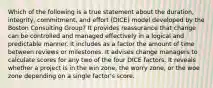 Which of the following is a true statement about the duration, integrity, commitment, and effort (DICE) model developed by the Boston Consulting Group? It provides reassurance that change can be controlled and managed effectively in a logical and predictable manner. It includes as a factor the amount of time between reviews or milestones. It advises change managers to calculate scores for any two of the four DICE factors. It reveals whether a project is in the win zone, the worry zone, or the woe zone depending on a single factor's score.