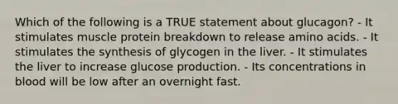 Which of the following is a TRUE statement about glucagon? - It stimulates muscle protein breakdown to release amino acids. - It stimulates the synthesis of glycogen in the liver. - It stimulates the liver to increase glucose production. - Its concentrations in blood will be low after an overnight fast.