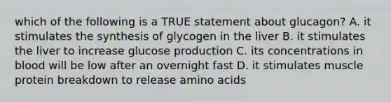 which of the following is a TRUE statement about glucagon? A. it stimulates the synthesis of glycogen in the liver B. it stimulates the liver to increase glucose production C. its concentrations in blood will be low after an overnight fast D. it stimulates muscle protein breakdown to release amino acids