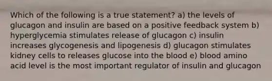 Which of the following is a true statement? a) the levels of glucagon and insulin are based on a positive feedback system b) hyperglycemia stimulates release of glucagon c) insulin increases glycogenesis and lipogenesis d) glucagon stimulates kidney cells to releases glucose into the blood e) blood amino acid level is the most important regulator of insulin and glucagon