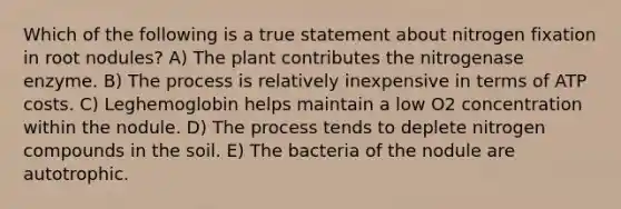 Which of the following is a true statement about nitrogen fixation in root nodules? A) The plant contributes the nitrogenase enzyme. B) The process is relatively inexpensive in terms of ATP costs. C) Leghemoglobin helps maintain a low O2 concentration within the nodule. D) The process tends to deplete nitrogen compounds in the soil. E) The bacteria of the nodule are autotrophic.