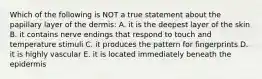 Which of the following is NOT a true statement about the papillary layer of the dermis: A. it is the deepest layer of the skin B. it contains nerve endings that respond to touch and temperature stimuli C. it produces the pattern for fingerprints D. it is highly vascular E. it is located immediately beneath the epidermis