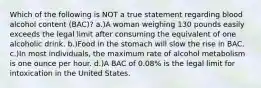 Which of the following is NOT a true statement regarding blood alcohol content (BAC)? a.)A woman weighing 130 pounds easily exceeds the legal limit after consuming the equivalent of one alcoholic drink. b.)Food in the stomach will slow the rise in BAC. c.)In most individuals, the maximum rate of alcohol metabolism is one ounce per hour. d.)A BAC of 0.08% is the legal limit for intoxication in the United States.