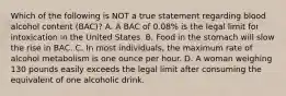 Which of the following is NOT a true statement regarding blood alcohol content (BAC)? A. A BAC of 0.08% is the legal limit for intoxication in the United States. B. Food in the stomach will slow the rise in BAC. C. In most individuals, the maximum rate of alcohol metabolism is one ounce per hour. D. A woman weighing 130 pounds easily exceeds the legal limit after consuming the equivalent of one alcoholic drink.