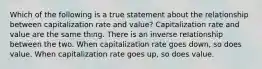 Which of the following is a true statement about the relationship between capitalization rate and value? Capitalization rate and value are the same thing. There is an inverse relationship between the two. When capitalization rate goes down, so does value. When capitalization rate goes up, so does value.