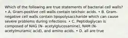 Which of the following are true statements of bacterial cell walls? • A. Gram‐positive cell walls contain teichoic acids. • B. Gram‐negative cell walls contain lipopolysaccharide which can cause severe problems during infections. • C. Peptidoglycan is composed of NAG (N‐ acetylglucosamine), NAM (N‐acetylmuramic acid), and amino acids. • D. all are true