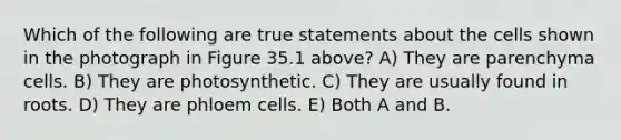 Which of the following are true statements about the cells shown in the photograph in Figure 35.1 above? A) They are parenchyma cells. B) They are photosynthetic. C) They are usually found in roots. D) They are phloem cells. E) Both A and B.