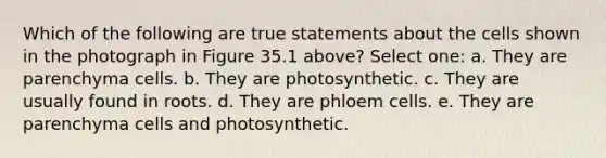 Which of the following are true statements about the cells shown in the photograph in Figure 35.1 above? Select one: a. They are parenchyma cells. b. They are photosynthetic. c. They are usually found in roots. d. They are phloem cells. e. They are parenchyma cells and photosynthetic.