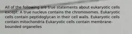 All of the following are true statements about <a href='https://www.questionai.com/knowledge/kb526cpm6R-eukaryotic-cells' class='anchor-knowledge'>eukaryotic cells</a> except: A true nucleus contains the chromosomes. Eukaryotic cells contain peptidoglycan in their cell walls. Eukaryotic cells contain mitochondria Eukaryotic cells contain membrane-bounded organelles