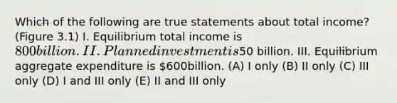 Which of the following are true statements about total income? (Figure 3.1) I. Equilibrium total income is 800 billion. II. Planned investment is50 billion. III. Equilibrium aggregate expenditure is 600billion. (A) I only (B) II only (C) III only (D) I and III only (E) II and III only