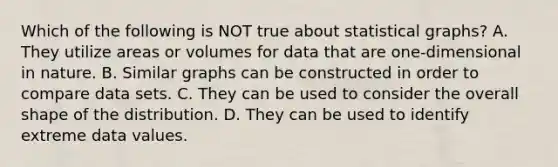 Which of the following is NOT true about statistical​ graphs? A. They utilize areas or volumes for data that are​ one-dimensional in nature. B. Similar graphs can be constructed in order to compare data sets. C. They can be used to consider the overall shape of the distribution. D. They can be used to identify extreme data values.