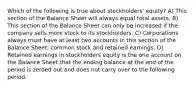 Which of the following is true about stockholders' equity? A) This section of the Balance Sheet will always equal total assets. B) This section of the Balance Sheet can only be increased if the company sells more stock to its stockholders. C) Corporations always must have at least two accounts in this section of the Balance Sheet: common stock and retained earnings. D) Retained earnings in stockholders equity is the one account on the Balance Sheet that the ending balance at the end of the period is zeroed out and does not carry over to the following period.