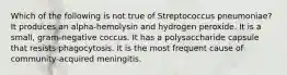 Which of the following is not true of Streptococcus pneumoniae? It produces an alpha-hemolysin and hydrogen peroxide. It is a small, gram-negative coccus. It has a polysaccharide capsule that resists phagocytosis. It is the most frequent cause of community-acquired meningitis.