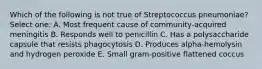 Which of the following is not true of Streptococcus pneumoniae? Select one: A. Most frequent cause of community-acquired meningitis B. Responds well to penicillin C. Has a polysaccharide capsule that resists phagocytosis D. Produces alpha-hemolysin and hydrogen peroxide E. Small gram-positive flattened coccus