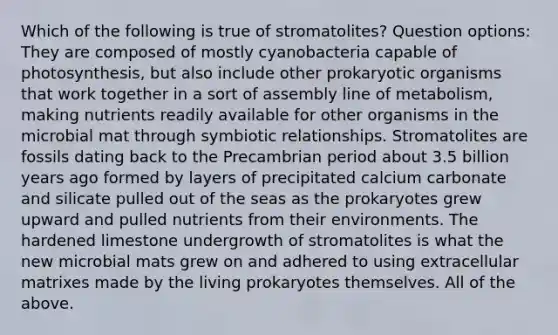 Which of the following is true of stromatolites? Question options: They are composed of mostly cyanobacteria capable of photosynthesis, but also include other prokaryotic organisms that work together in a sort of assembly line of metabolism, making nutrients readily available for other organisms in the microbial mat through symbiotic relationships. Stromatolites are fossils dating back to the Precambrian period about 3.5 billion years ago formed by layers of precipitated calcium carbonate and silicate pulled out of the seas as the prokaryotes grew upward and pulled nutrients from their environments. The hardened limestone undergrowth of stromatolites is what the new microbial mats grew on and adhered to using extracellular matrixes made by the living prokaryotes themselves. All of the above.