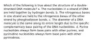 Which of the following is true about the structure of a double-stranded DNA molecule? a. The nucleotides in a strand of DNA are held together by hydrogen bonds. b. The nitrogenous bases in one strand are held to the nitrogenous bases of the other strand by phosphodiester bonds. c. The diameter of a DNA molecule is the same along its entire length due to the specific complementary base pairing of the DNA nucleotides. d. Purine nucleotides always form base pairs with other purines, and pyrimidine nucleotides always form base pairs with other pyrimidines.