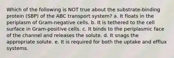 Which of the following is NOT true about the substrate-binding protein (SBP) of the ABC transport system? a. It floats in the periplasm of Gram-negative cells. b. It is tethered to the cell surface in Gram-positive cells. c. It binds to the periplasmic face of the channel and releases the solute. d. It snags the appropriate solute. e. It is required for both the uptake and efflux systems.