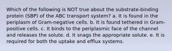 Which of the following is NOT true about the substrate-binding protein (SBP) of the ABC transport system? a. It is found in the periplasm of Gram-negative cells. b. It is found tethered in Gram-positive cells. c. It binds to the periplasmic face of the channel and releases the solute. d. It snags the appropriate solute. e. It is required for both the uptake and efflux systems.